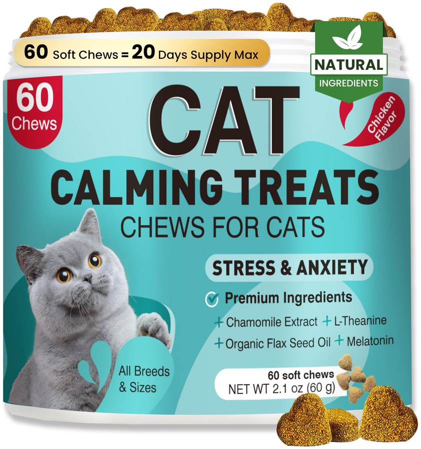 Cat Calming Treats jar with heart-shaped soft chews